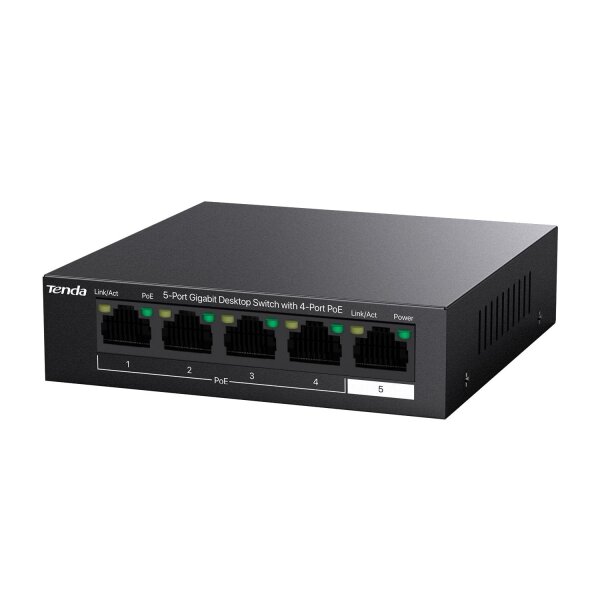 Tenda PoE Switch 5-Port Gigabit Ethernet LAN Switch mit 4 PoE+ Ports (58W, VLAN,