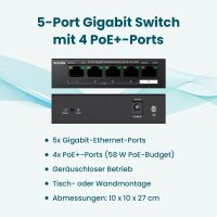 Tenda PoE Switch 5-Port Gigabit Ethernet LAN Switch mit 4 PoE+ Ports (58W, VLAN,
